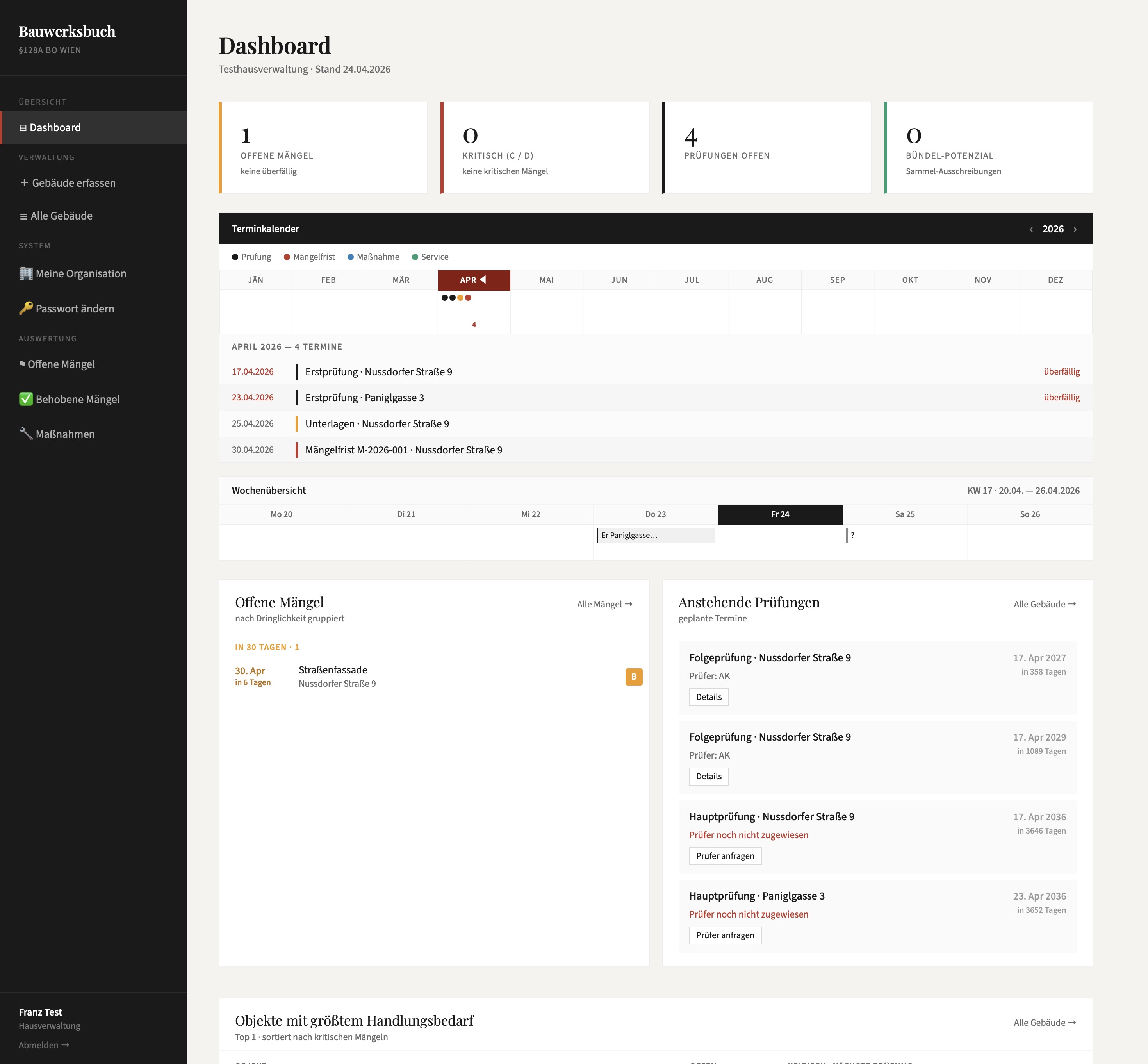 Dashboard – Übersicht mit offenen Mängeln, Prüfterminen, Wochenplan und Bündel-Potenzial