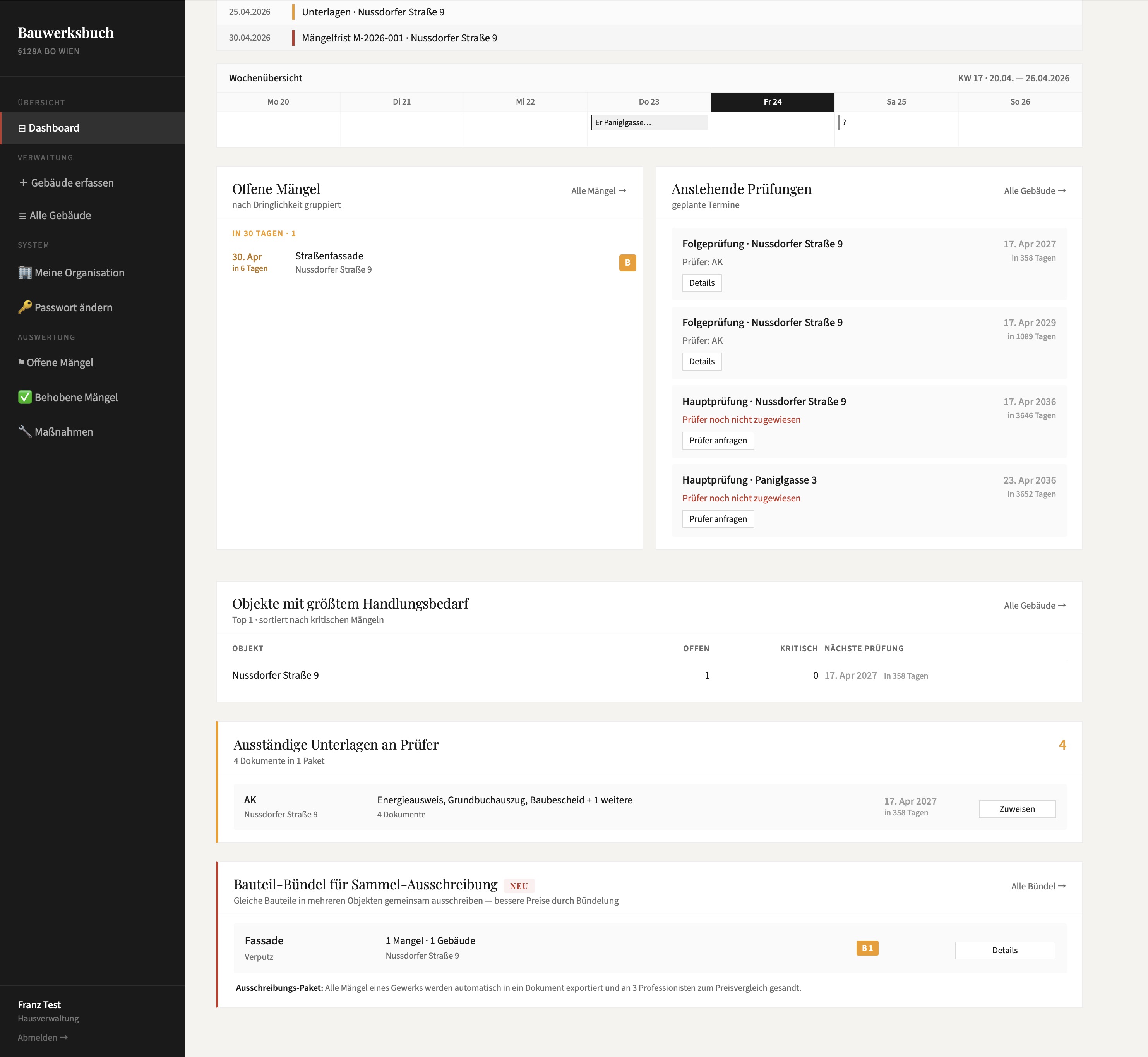 Dashboard – Bauteil-Bündel für Sammel-Ausschreibung und Ausständige Unterlagen